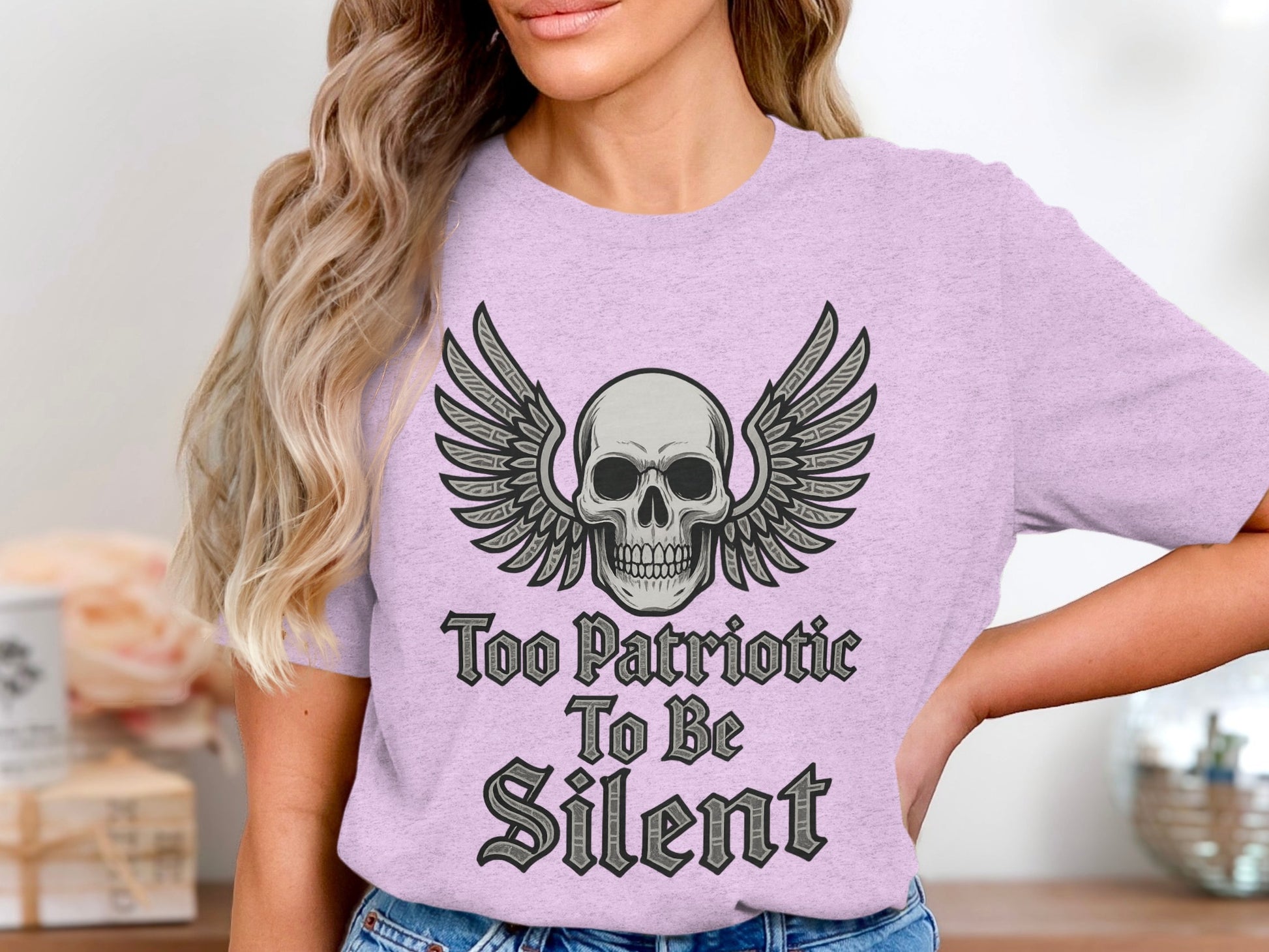 Too Patriotic To Be Silent Skull Wings Design
