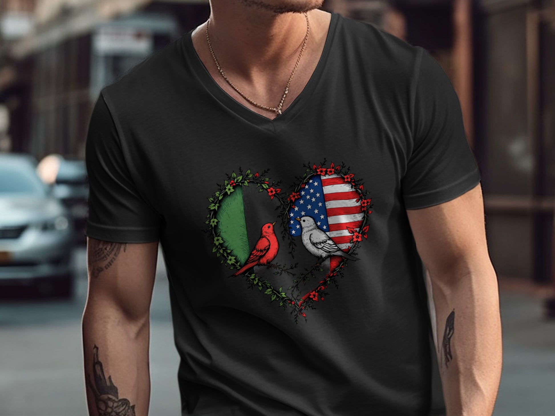 Heart Shaped Birds With Flag Graphic T-shirt Product Type