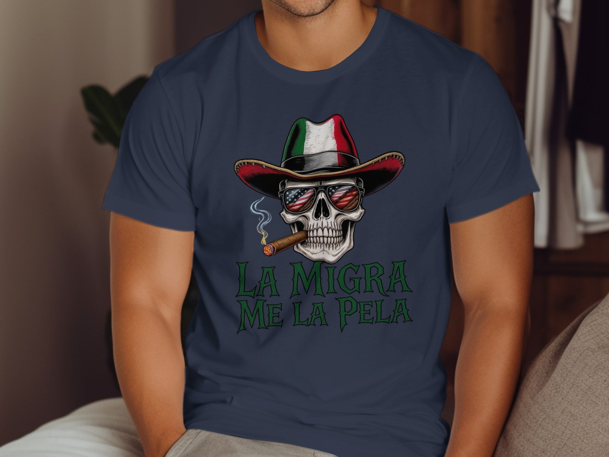 La Migra Me La Pela Skull and Hat Graphic T-shirt product