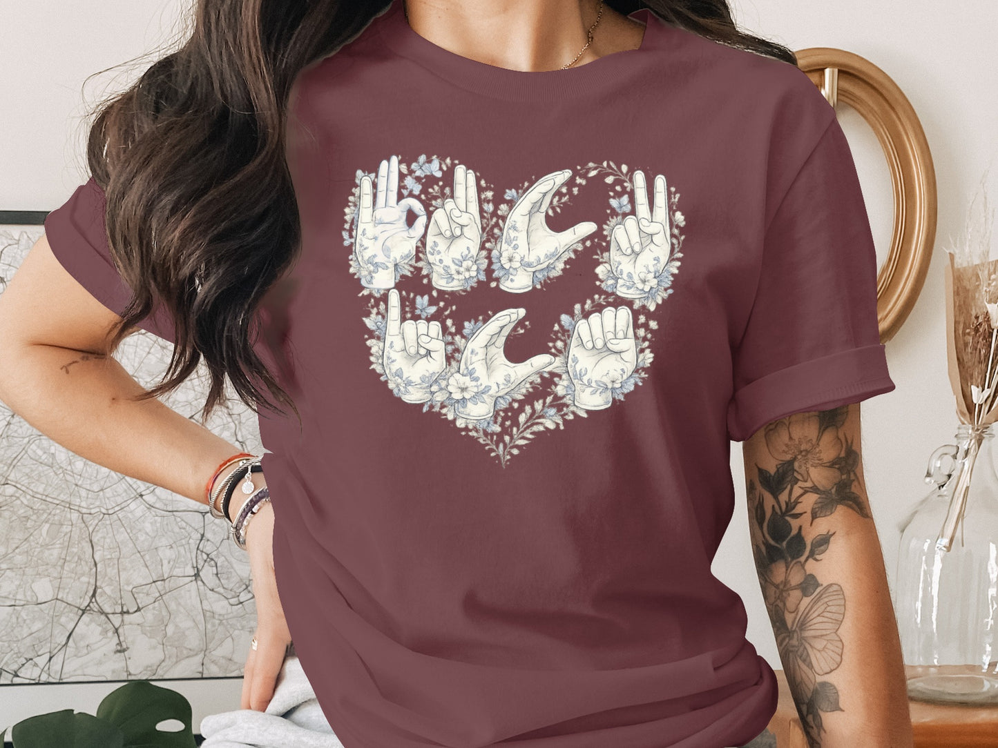 Floral Sign Language Heart Design on Maroon Shirt