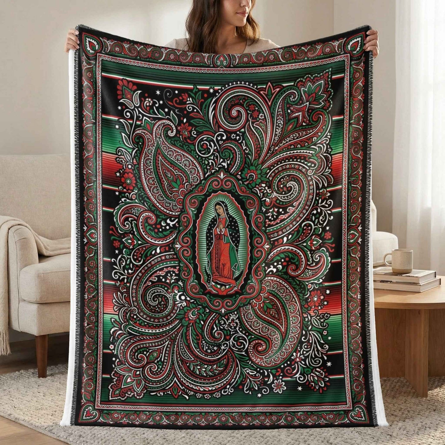 Virgen de Guadalupe Blanket, Sacred Art Throw, Mexican Folk Art Decor, Intricate Paisley Design, Spiritual Home Accent, Religious Gift