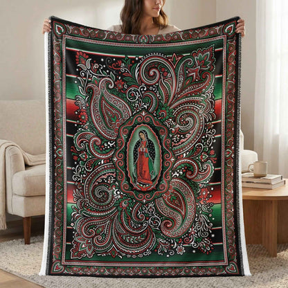 Virgen de Guadalupe Blanket, Sacred Art Throw, Mexican Folk Art Decor, Intricate Paisley Design, Spiritual Home Accent, Religious Gift