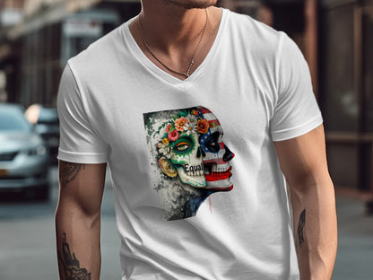 Vibrant Sugar Skull Design V-neck T-shirt product type