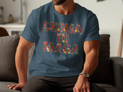 Colorful CHINGA TU MAGA Design Blue Shirt