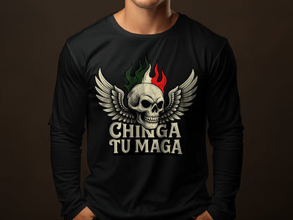 Chinga Tu Maga Long Sleeve Skull Graphic Tee