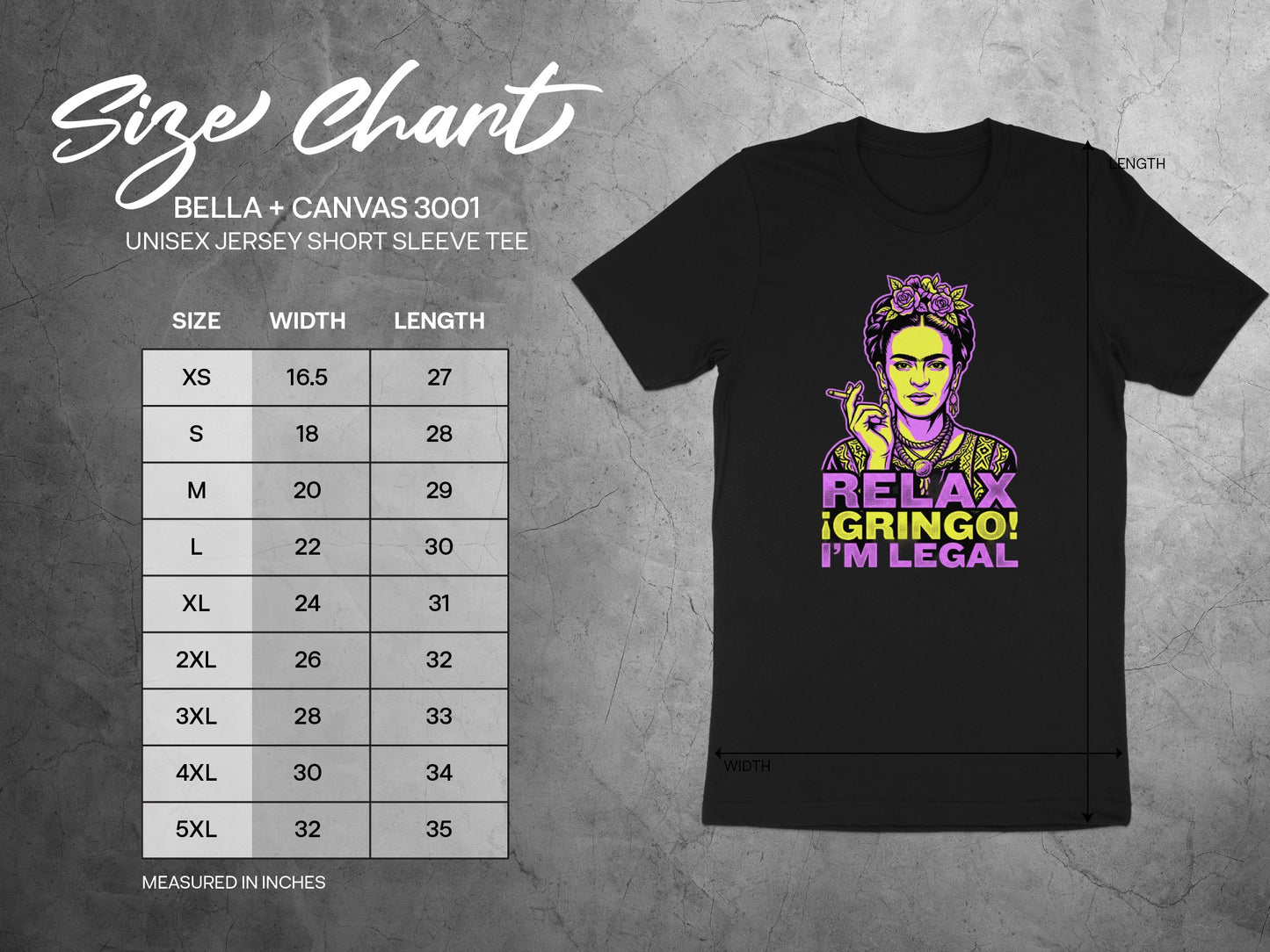 Size chart for Bella + Canvas 3001 unisex t-shirt with Frida Kahlo graphic.