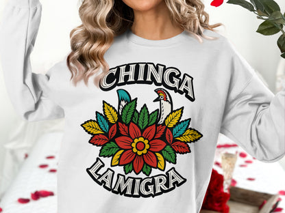 Colorful Floral Chinga La Migra Text Sweatshirt product type