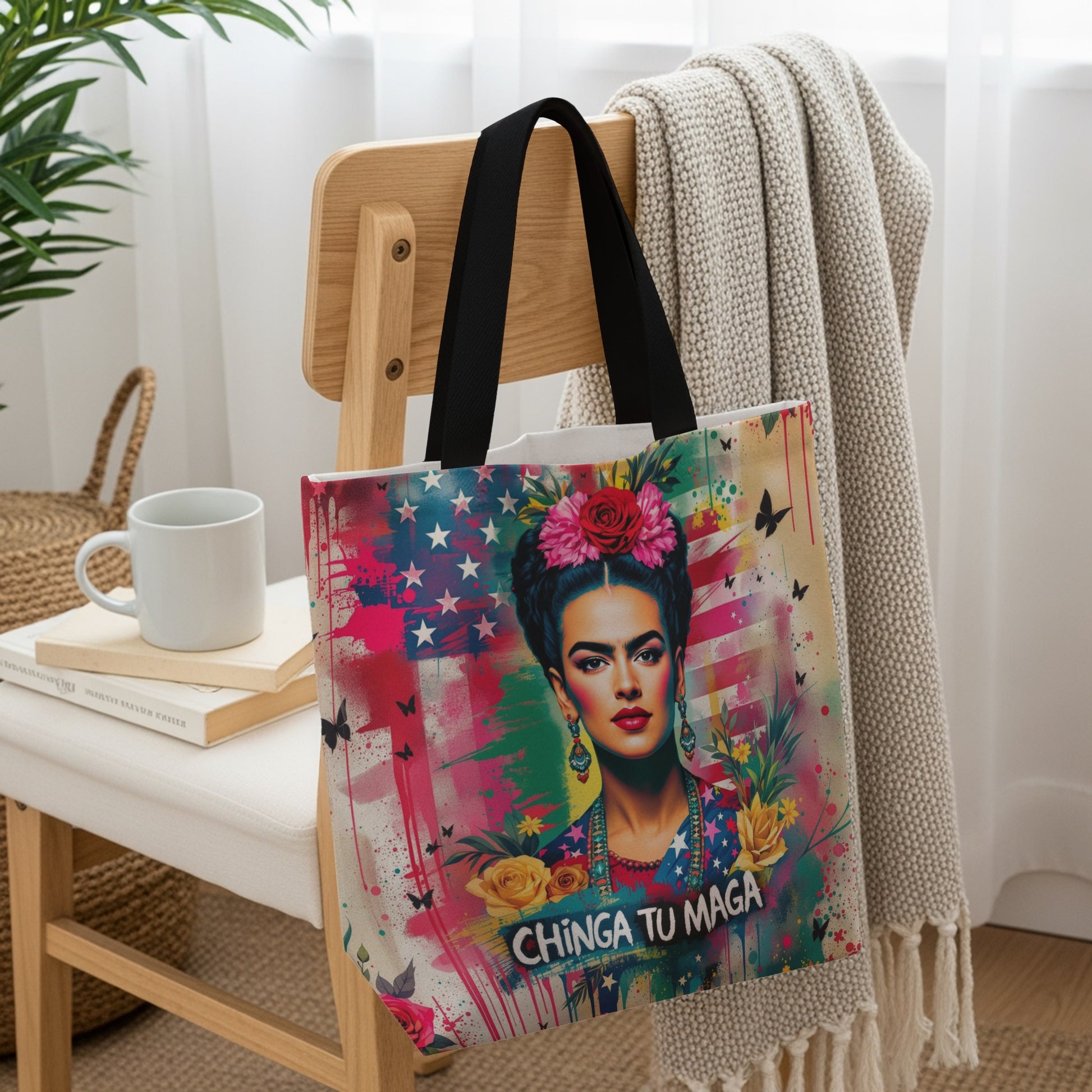 Tote bag with Frida Kahlo portrait and "Ching Tu Maga" text.