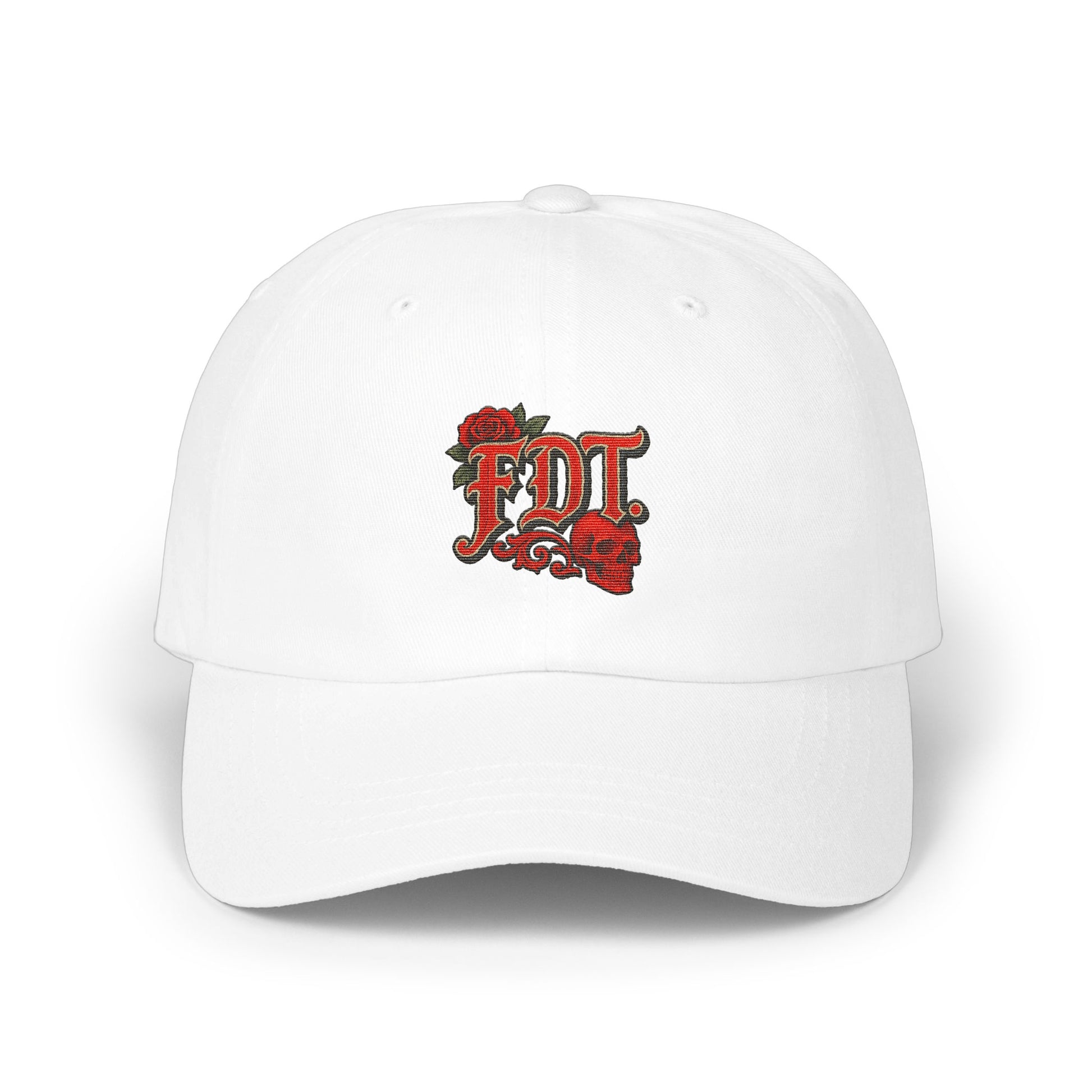 Bold White Baseball Cap with Floral Skull Design product