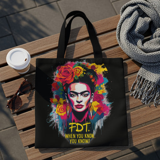 Black tote bag with Frida Kahlo portrait and "FDT. WHEN YOU KNOW, YOU KNOW!"