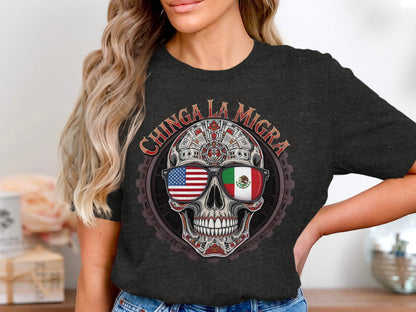 Chinga La Migra Skull T-shirt with Flags product type
