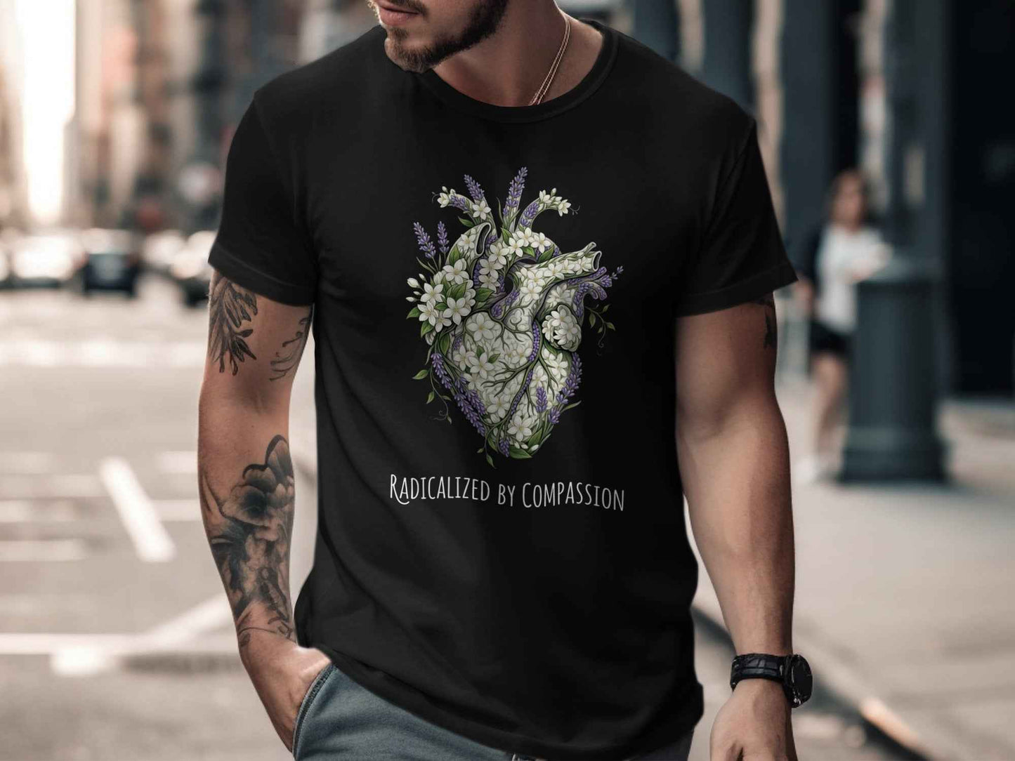 Botanical Anatomical Heart T-Shirts, Radicalized By Compassion Tee, Floral Lavender Jasmine Design, Empathy Kind Spirit Gift