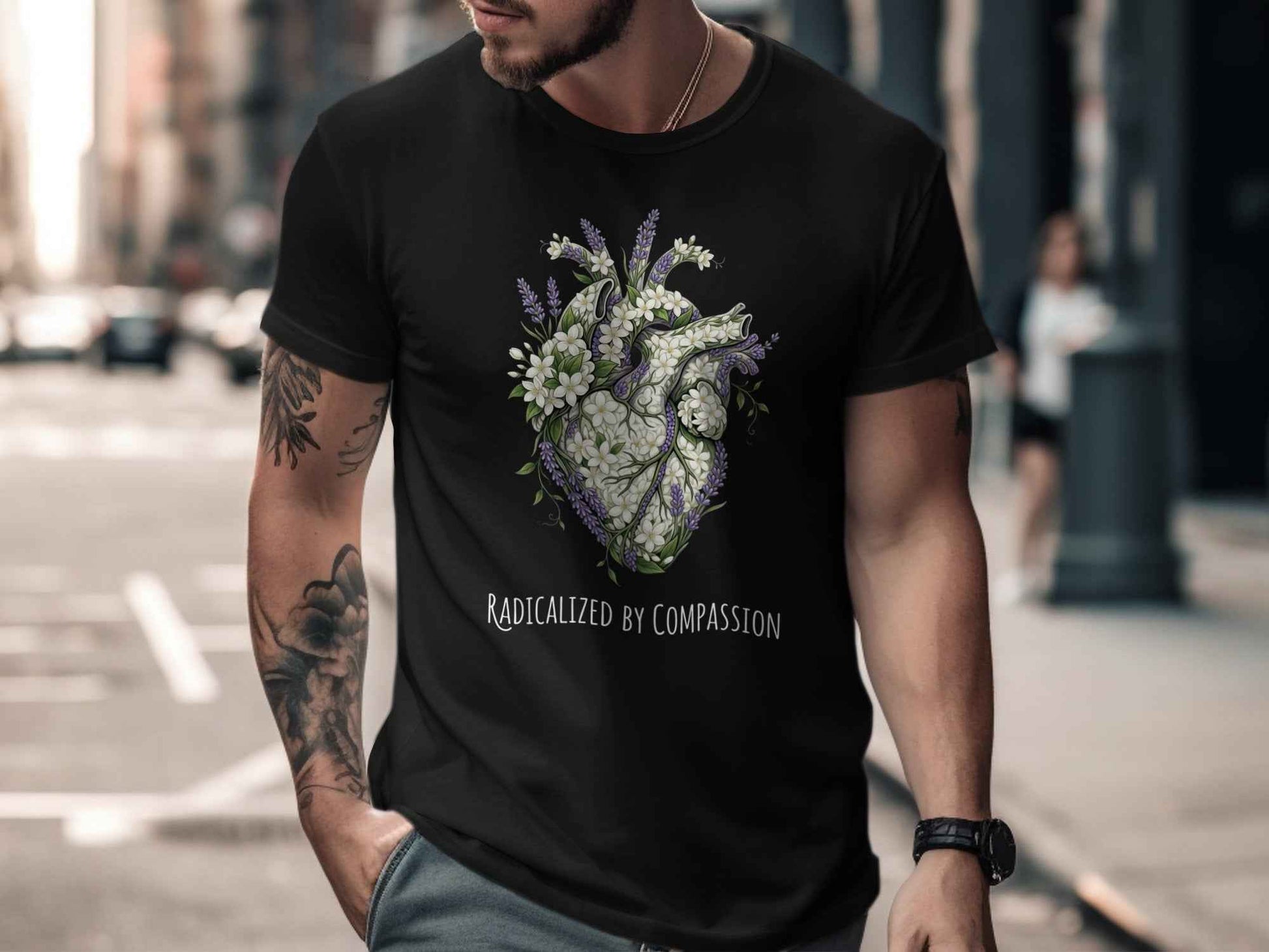 Botanical Anatomical Heart T-Shirts, Radicalized By Compassion Tee, Floral Lavender Jasmine Design, Empathy Kind Spirit Gift