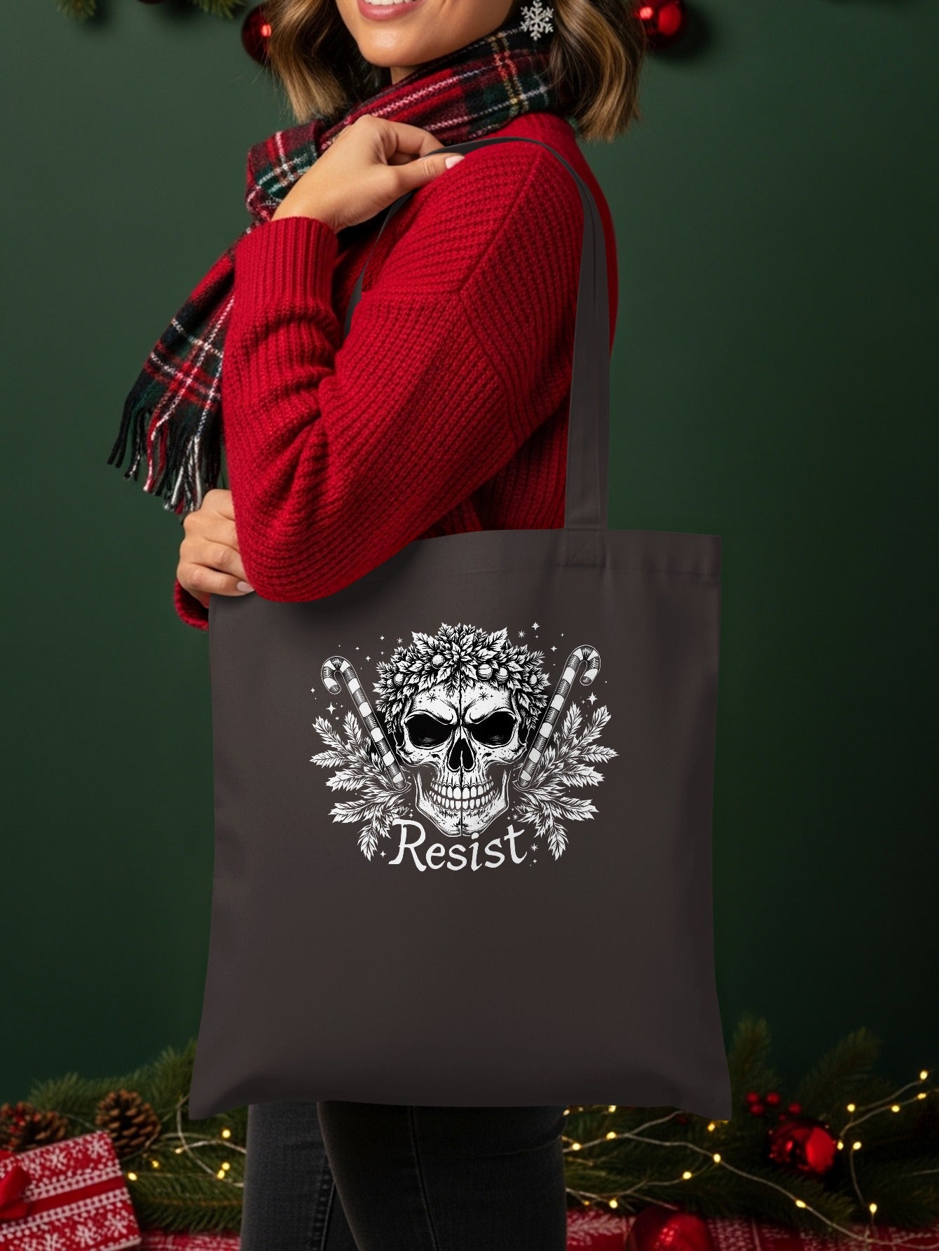 Stylish Tote Bag with Intricate Skull and Resist Design