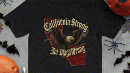 A black t-shirt with a graphic design featuring an eagle and the text "California Strong Notita Wrong" printed on it.