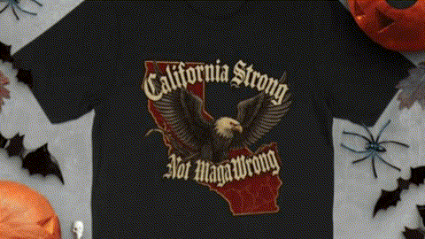 A black t-shirt with a graphic design featuring an eagle and the text "California Strong Notita Wrong" printed on it.