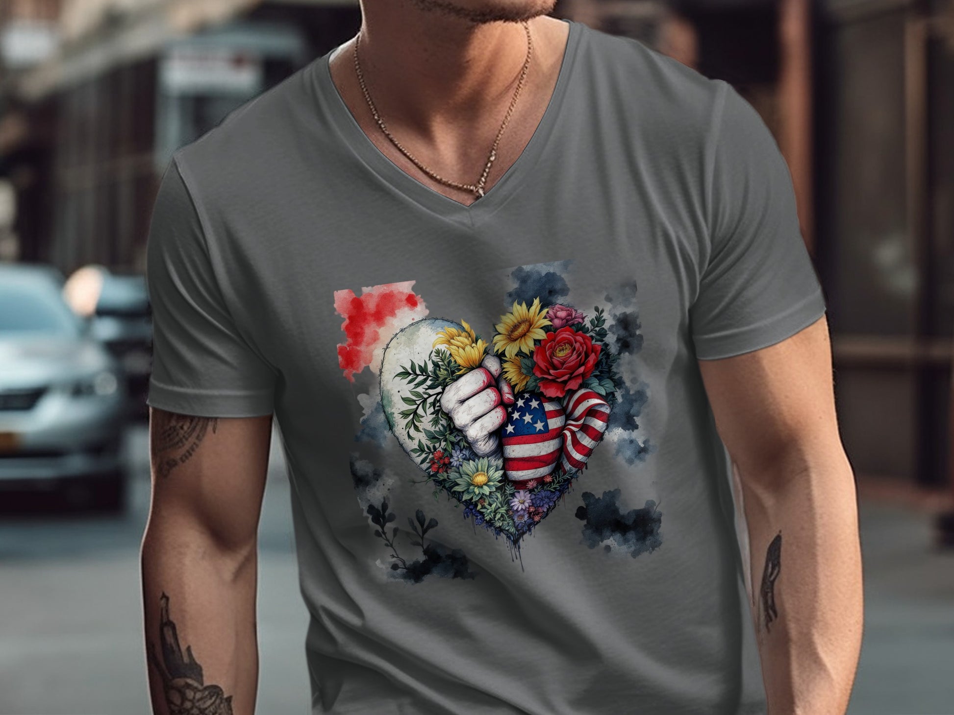 Patriotic Flowers and Fist Heart Graphic T-Shirt product