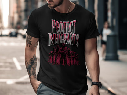 Black t-shirt with "Protect Immigrants" text and silhouetted figures.