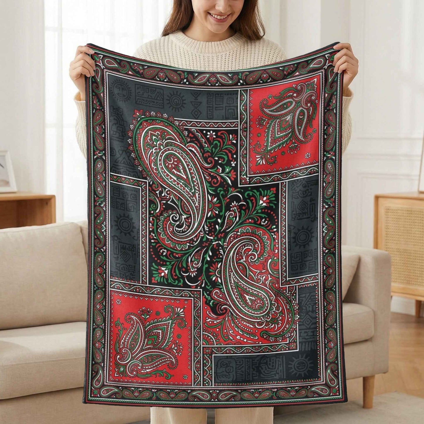 Vibrant Paisley Patchwork Blanket, Bohemian Red Black Green Throw, Intricate Ethnic Design, Artistic Folk Art Print, Unique Cozy Blankets