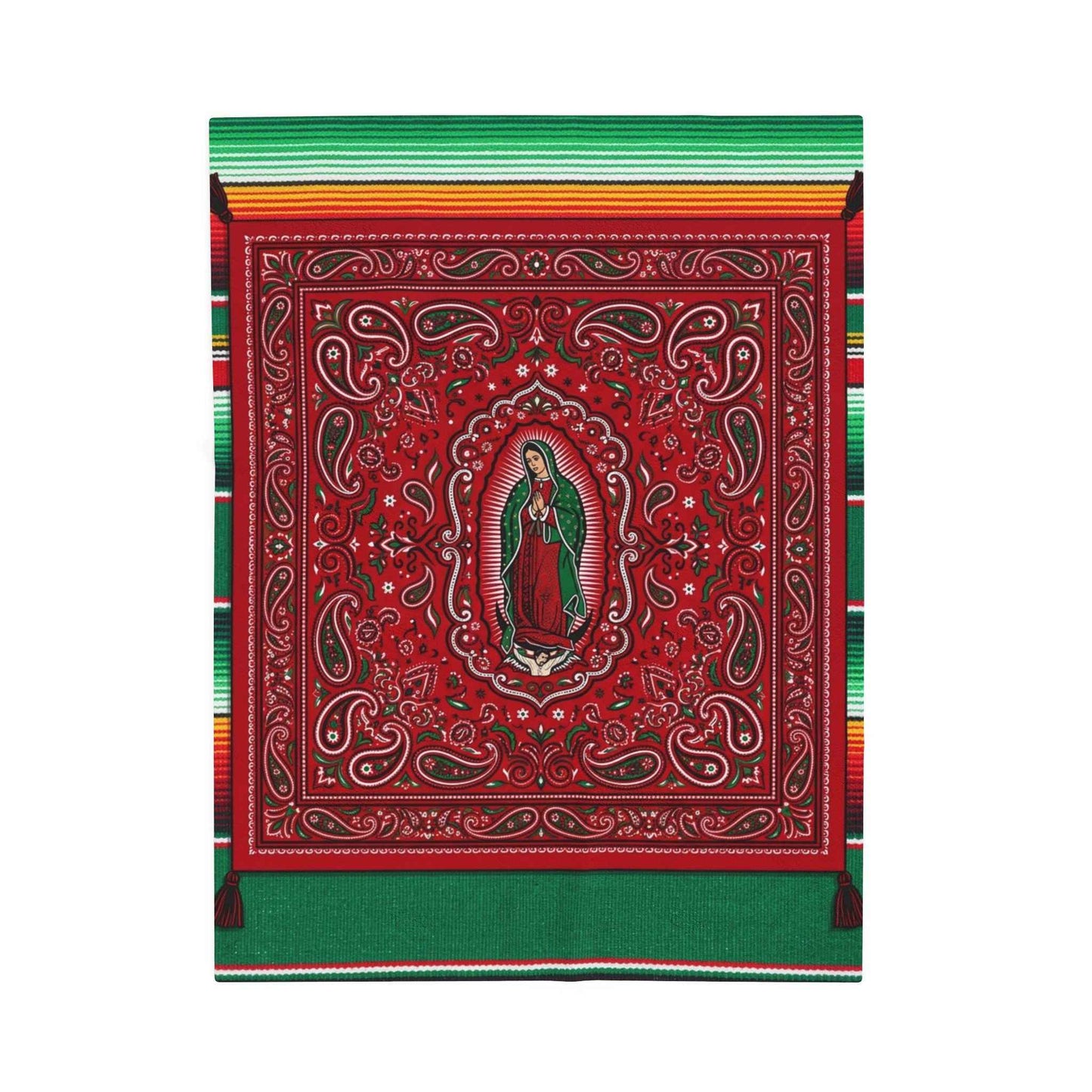 Our Lady of Guadalupe Bandana Paisley Serape Blankets, Mexican Virgin Mary Spiritual Art, Red Green Cultural Decor Throw Blankets