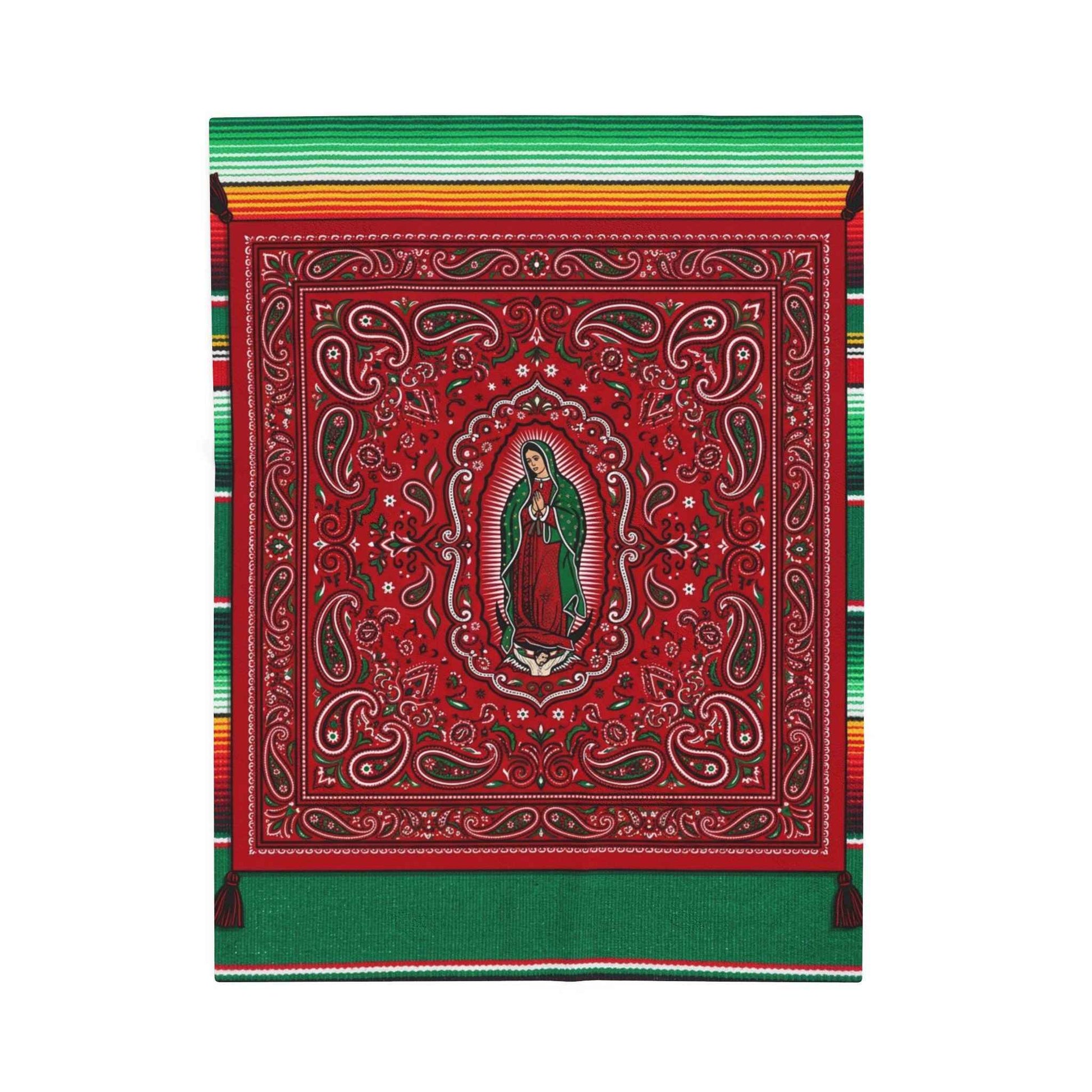 Our Lady of Guadalupe Bandana Paisley Serape Blankets, Mexican Virgin Mary Spiritual Art, Red Green Cultural Decor Throw Blankets