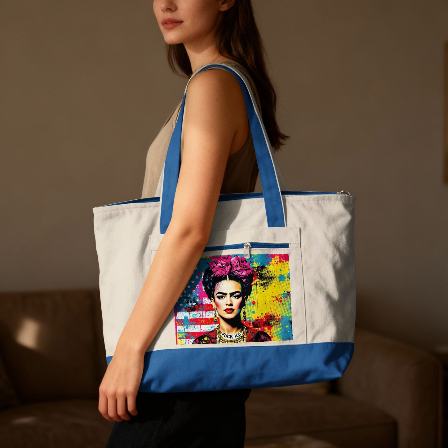 Tote bag featuring Frida Kahlo artwork with American flag background.