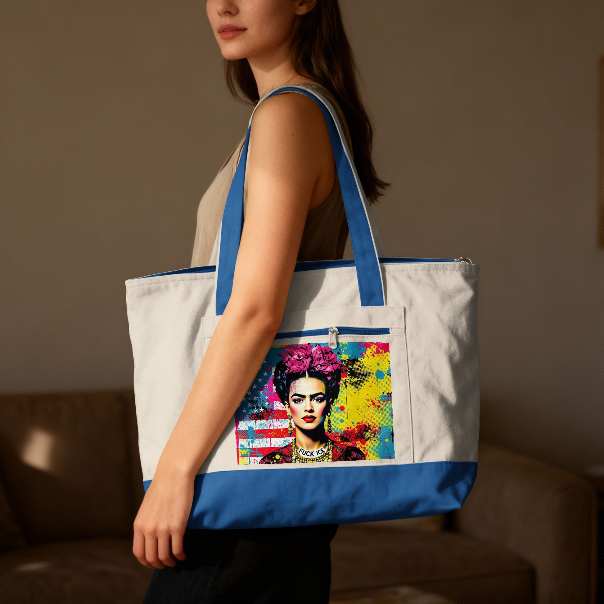 Tote bag featuring Frida Kahlo artwork with American flag background.