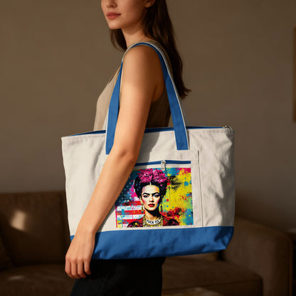 Tote bag featuring Frida Kahlo artwork with American flag background.