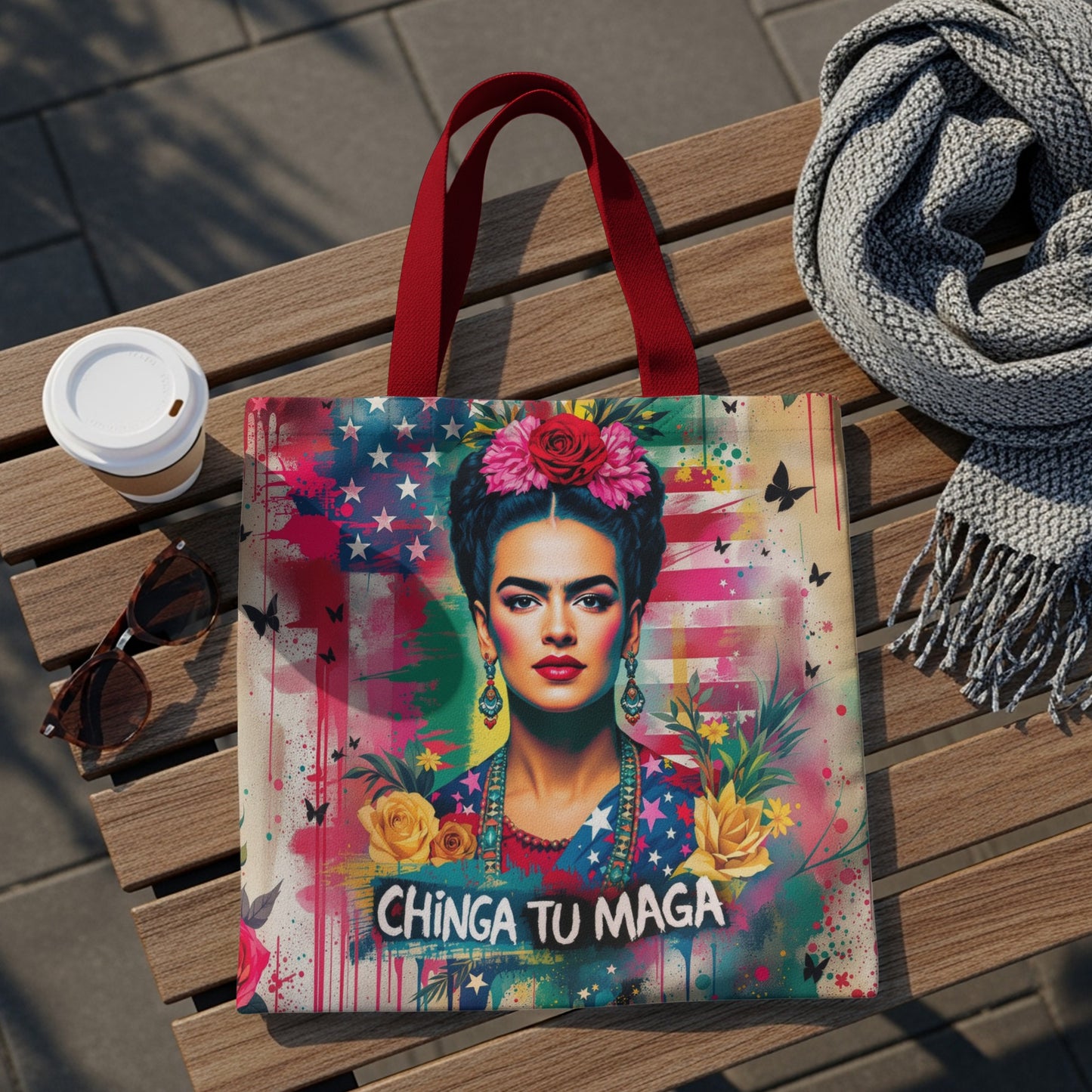 Tote bag featuring Frida Kahlo portrait with colorful background and "Chinga Tu Maga" text.