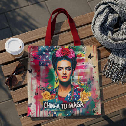 Tote bag featuring Frida Kahlo portrait with colorful background and "Chinga Tu Maga" text.