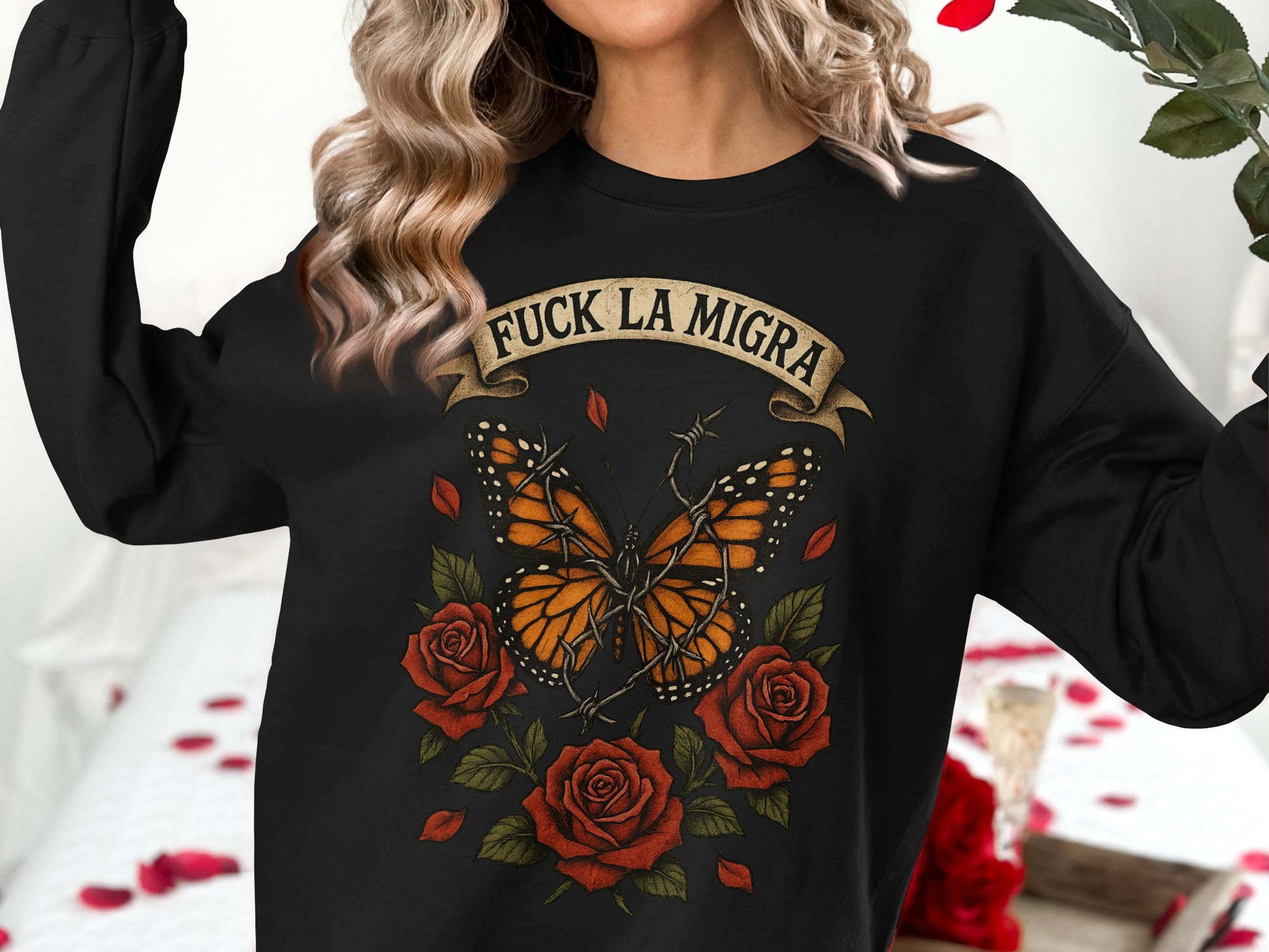 Fuck La Migra Roses and Butterfly Graphic Sweatshirt product