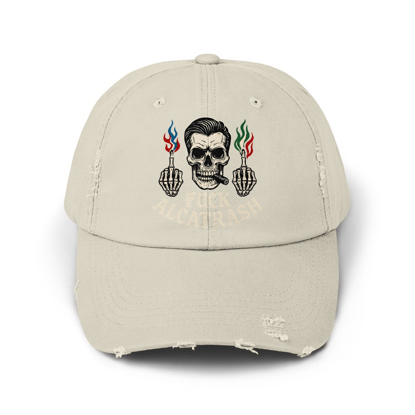 Skull and Flames Embroidered Cap Distressed Hat product
