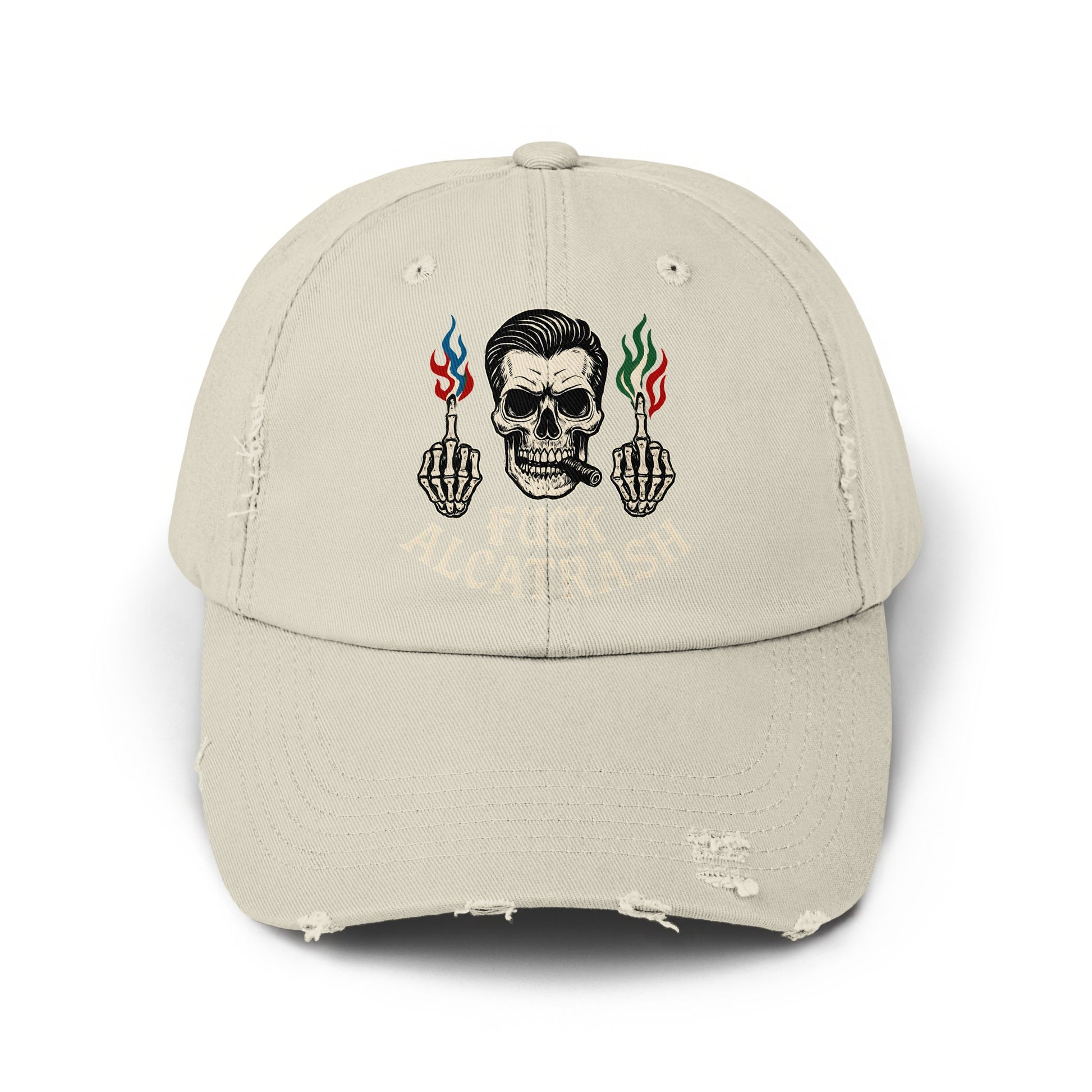 Skull and Flames Embroidered Cap Distressed Hat product