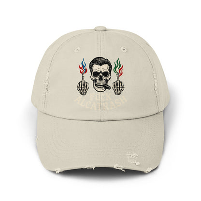 Skull and Flames Embroidered Cap Distressed Hat product