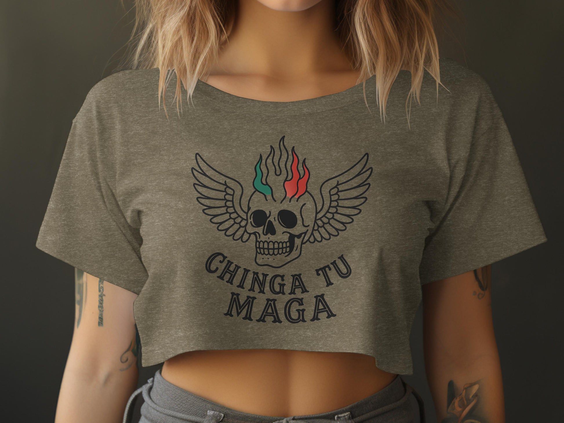 Chinga Tu Maga Skull Wing Design Cropped Top product