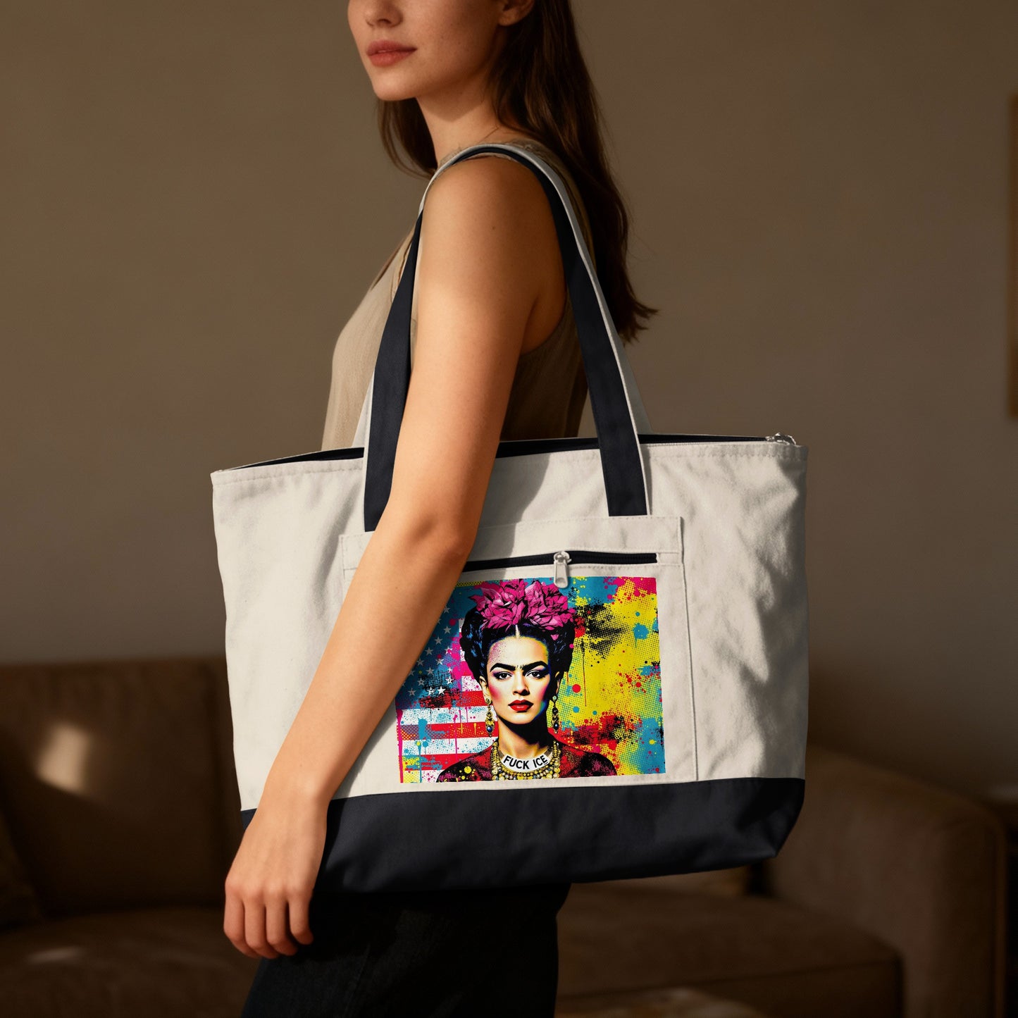 Tote bag featuring Frida Kahlo artwork with American flag and "FUCK EL" text.