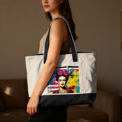 Tote bag featuring Frida Kahlo artwork with American flag and "FUCK EL" text.