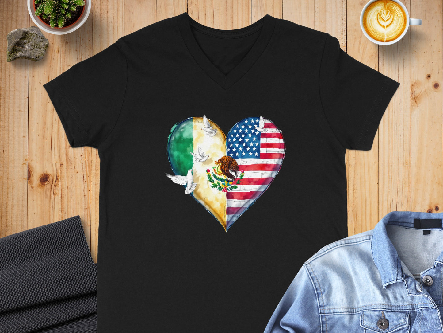 Heart Shaped USA and Mexico Flag with Dove T-shirt product type