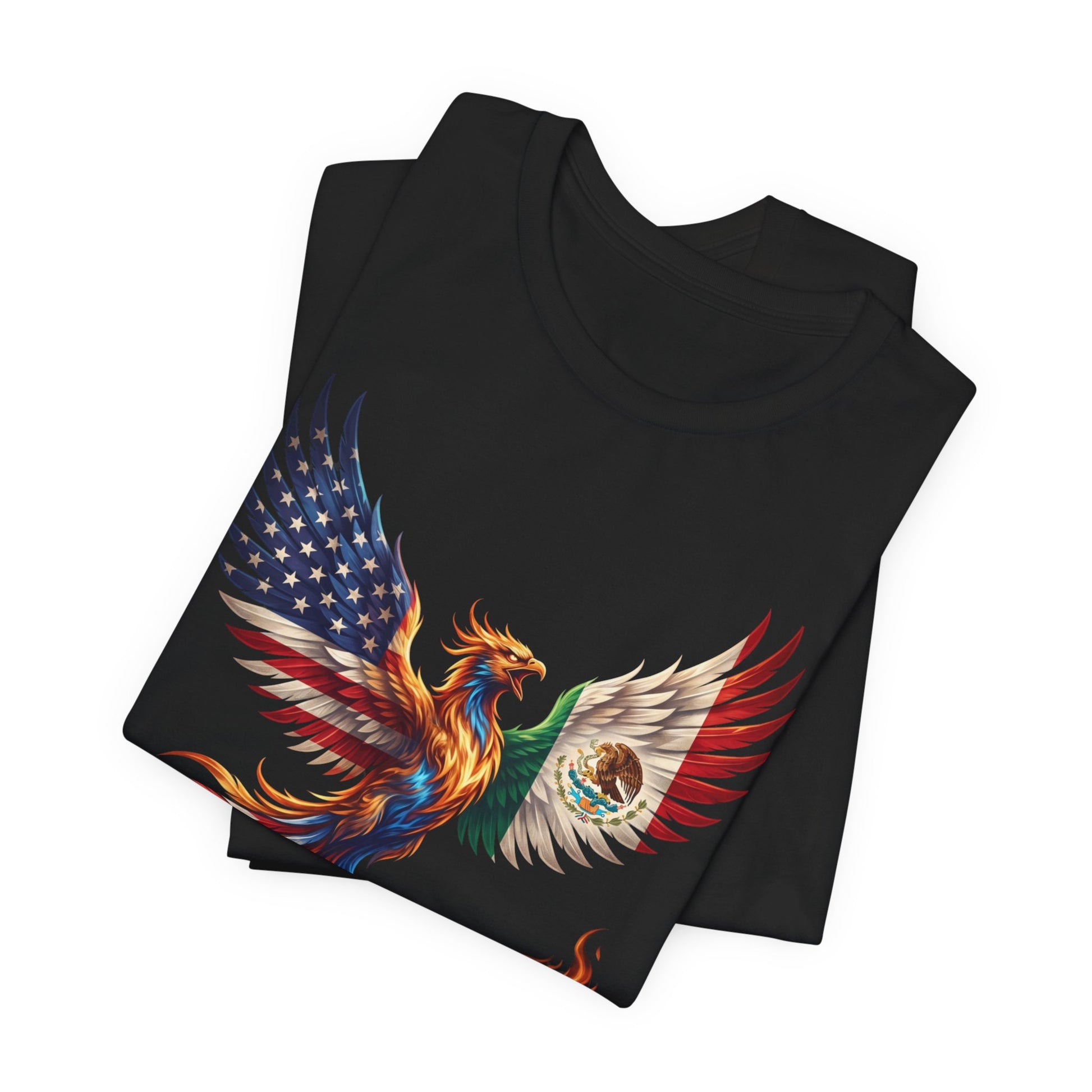 Black t-shirt with patriotic phoenix featuring American and Mexican flag wings.