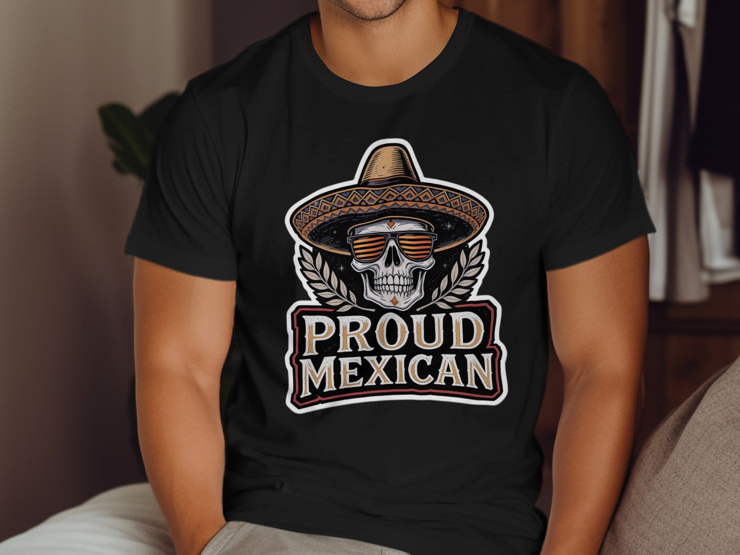 Proud Mexican Skull Design with Sombrero on T-shirt product type