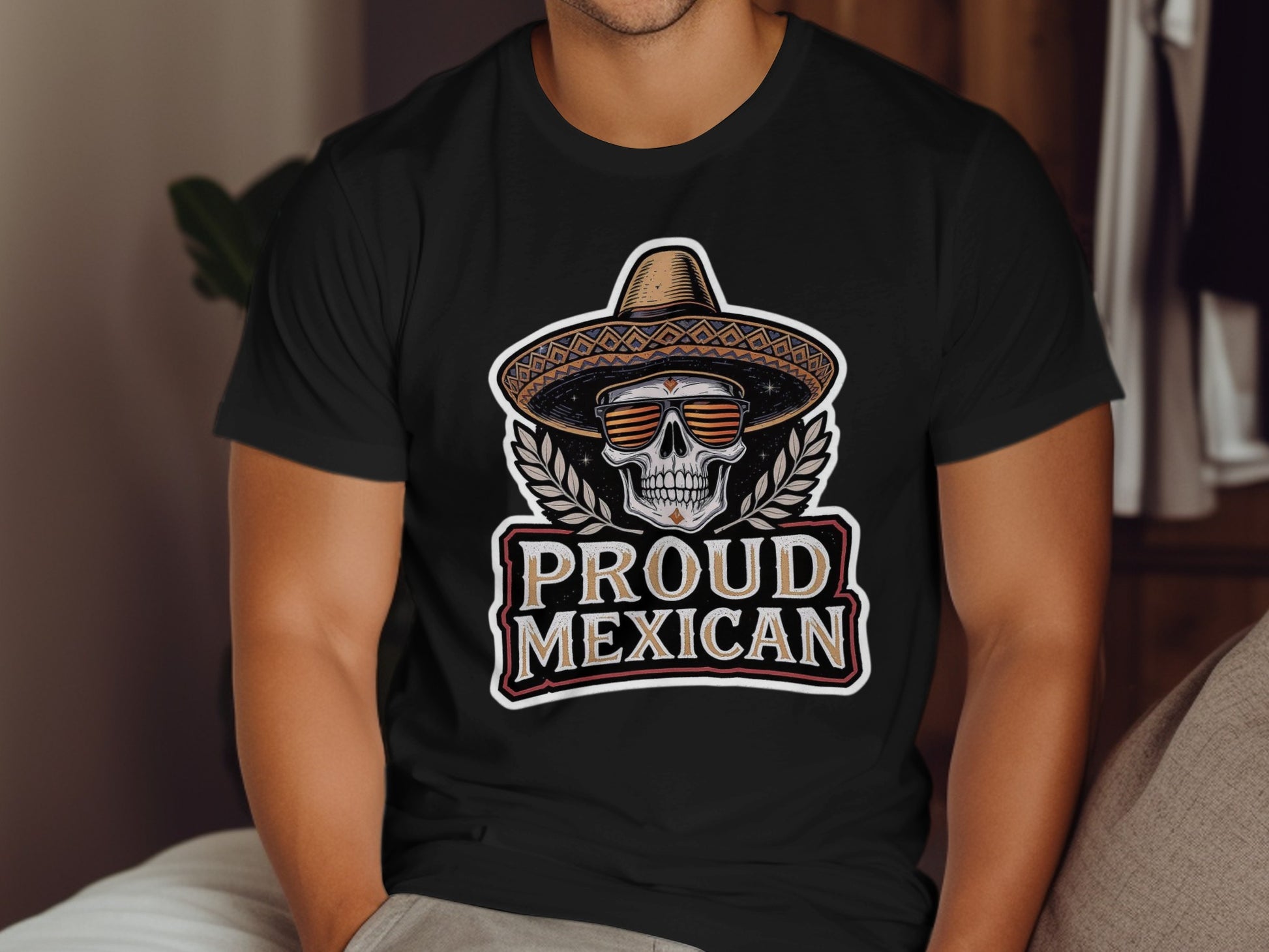 Proud Mexican Skull Design with Sombrero on T-shirt product type