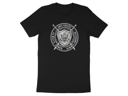 Black t-shirt with silver shield graphic reading "ANTI-FASCIST. ALWAYS ARMED. ALWAYS AMERICAN."