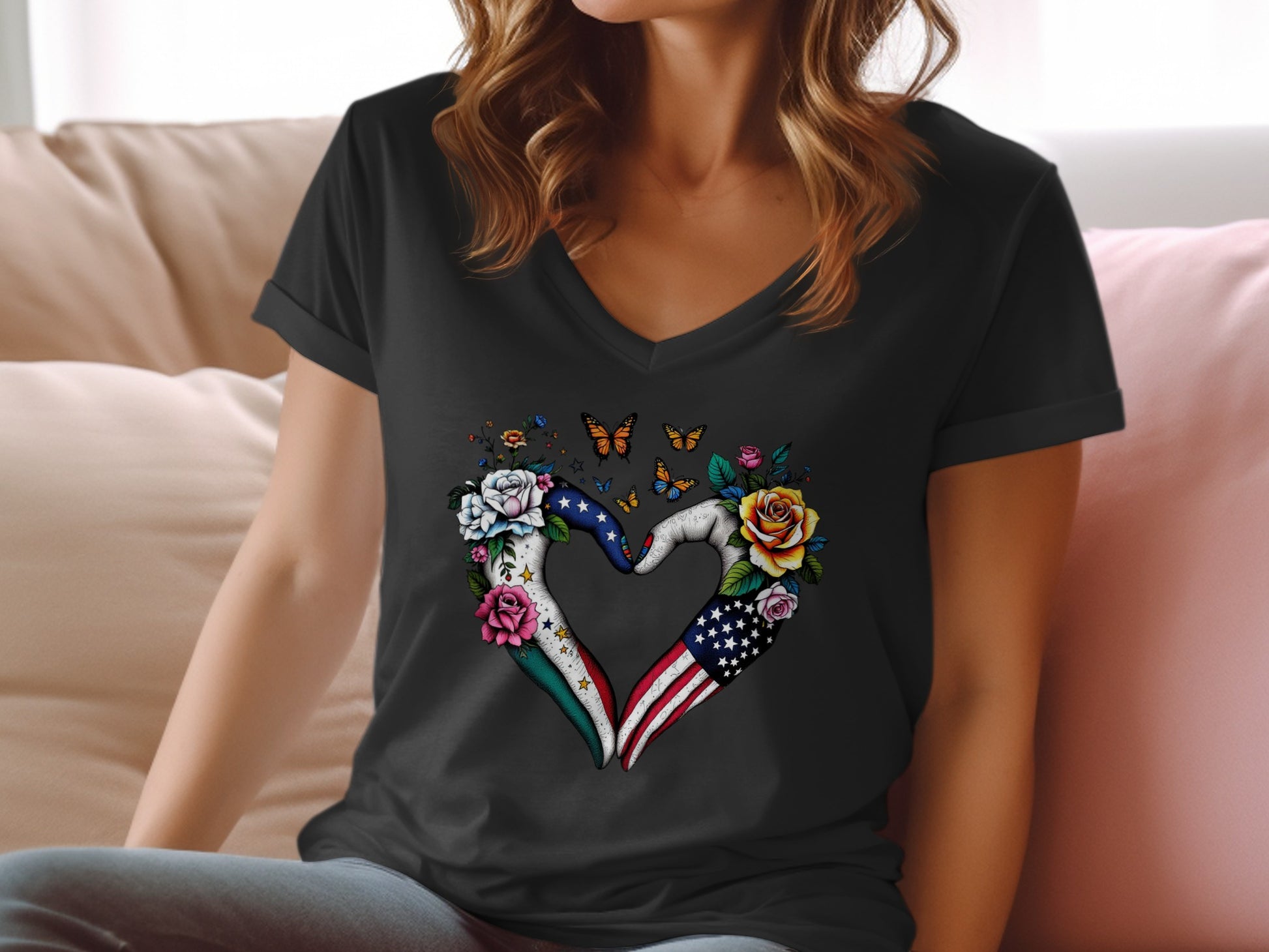 Heart Shaped Flags and Flowers V-Neck T-Shirt product type