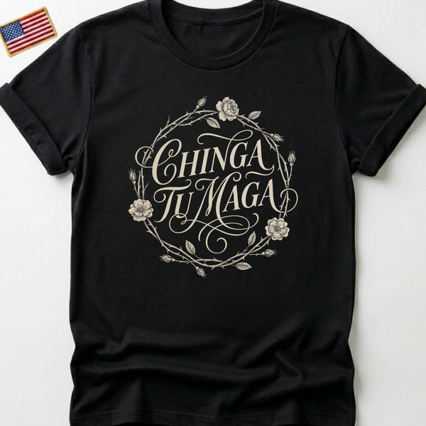 Chinga Tu Maga T-Shirts, Sassy Spanish Quote Tee, Vintage Rose Wreath Graphic, Empowering Feminist Top, Bold Statement Apparel