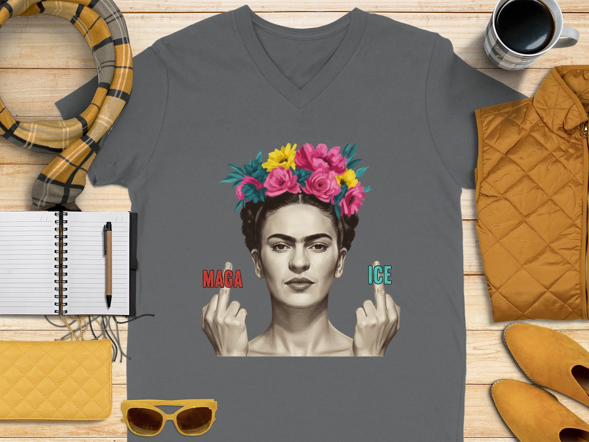 Floral Frida Kahlo Graphic V-Neck T-Shirt