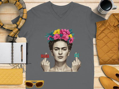 Floral Frida Kahlo Graphic V-Neck T-Shirt