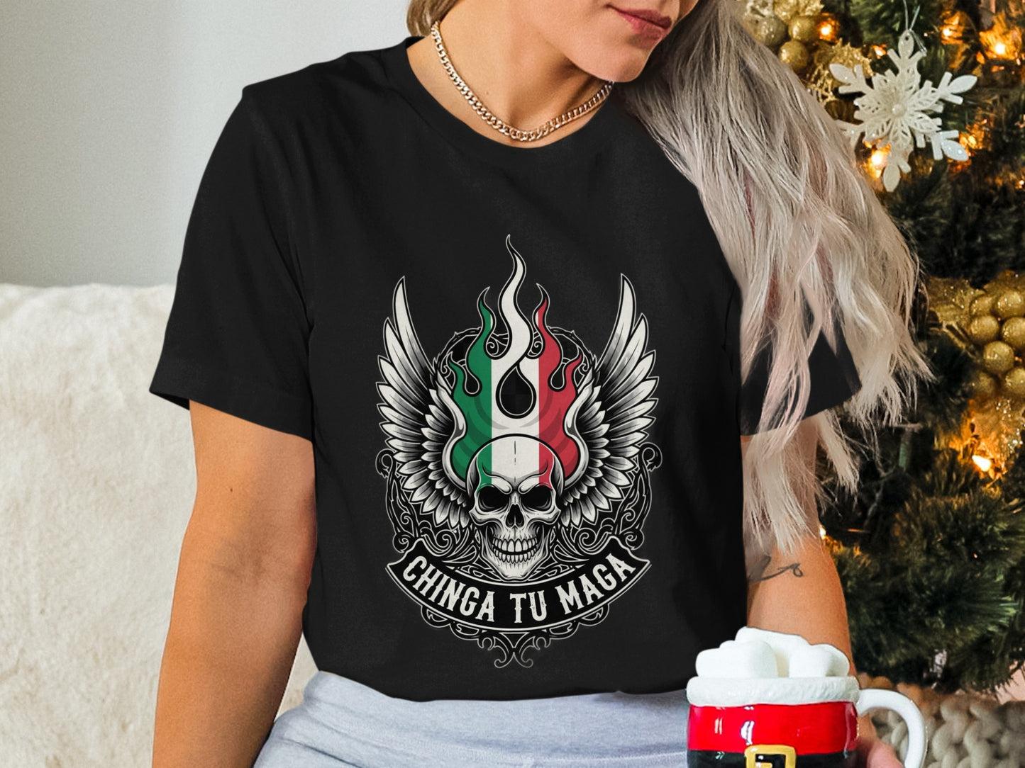 Chinga Tu Maga Skull Wings Design Tee for Casual Wear