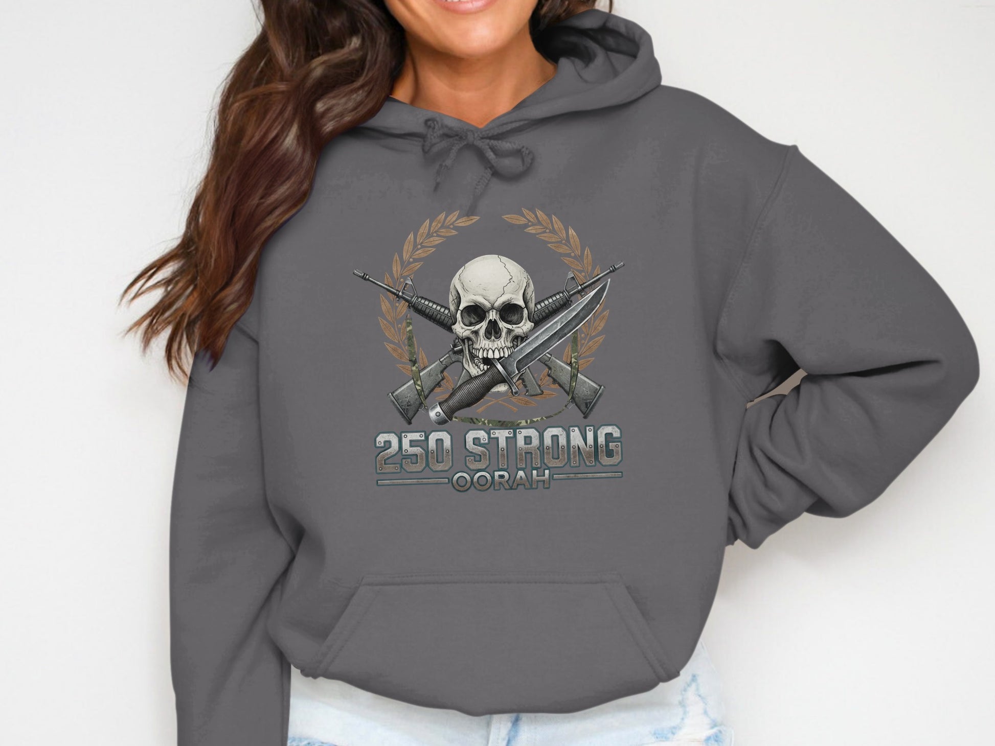 250 Strong Oorah Hoodie with Skull and Guns Design