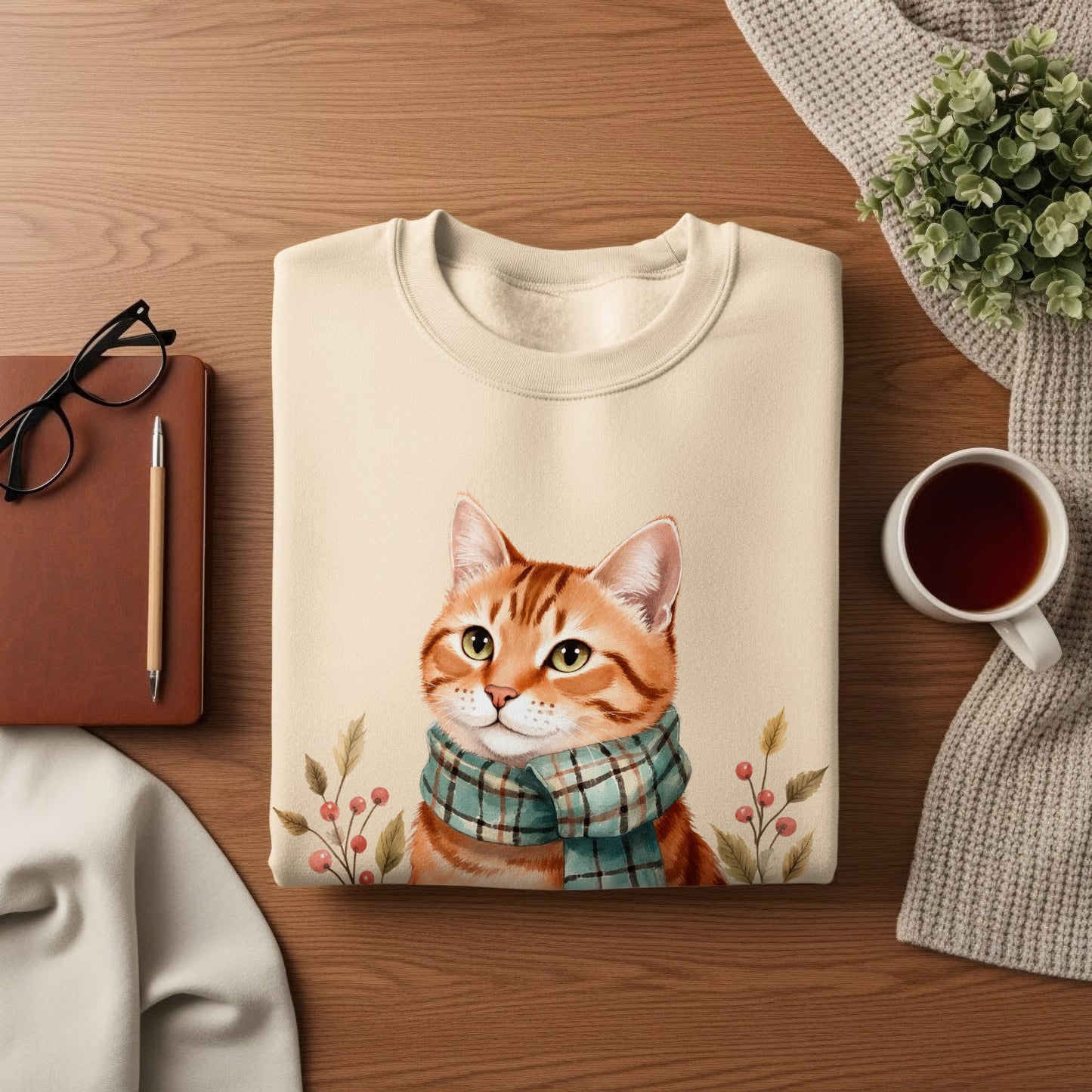 Cozy Cute Cat with Scarf Autumn Sweatshirt product
