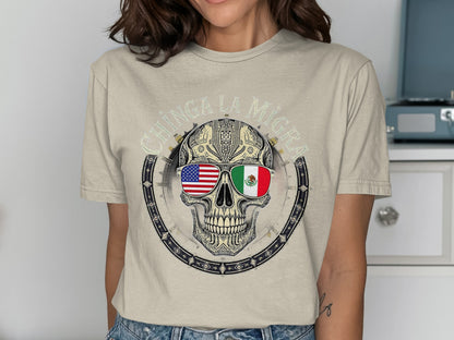 Chinga La Migra Skull with Flags Graphic Tee product
